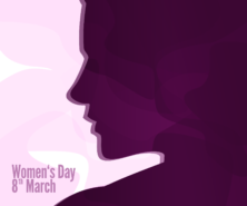 Na obrazku zarys twarzy kobiety, w kolorze fioletowym. Na dole napis w języku angielskiem women's day